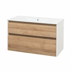 MEREO Opto, koupelnová skříňka s keramickým umyvadlem, bílá/dub, 2 zásuvky, 1010x580x458 mm CN932