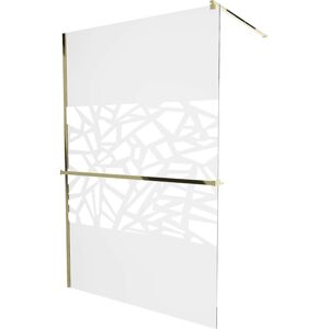 MEXEN/S KIOTO Sprchová zástěna WALK-IN s poličkou a držákem ručníků 90 x 200 cm, transparent/bialy bílý vzor, zlatá 800-090-121-50-85