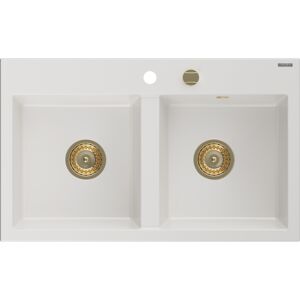 MEXEN/S Hektor granitový dřez 2-bowl 800 x 480 mm, bílá, zlatý sifon 6521802000-20-G