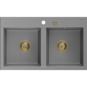 MEXEN/S Hektor granitový dřez 2-bowl 800 x 480 mm, šedá, zlatý sifon 6521802000-71-G