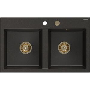 MEXEN/S Hektor granitový dřez 2-bowl 800 x 480 mm, černá/zlatá metalik, zlatý sifon 6521802000-75-G