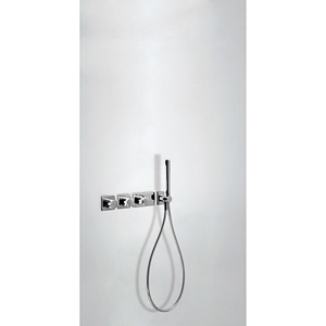TRES TRESMOSTATIC Termostatická podomítková baterie s uzávěrem a regulací průtoku (3-cestná). · Včetně podomítkového termostatického tělesa. · Ruční sprcha, proti usaz. vod. kamene 034.116.01